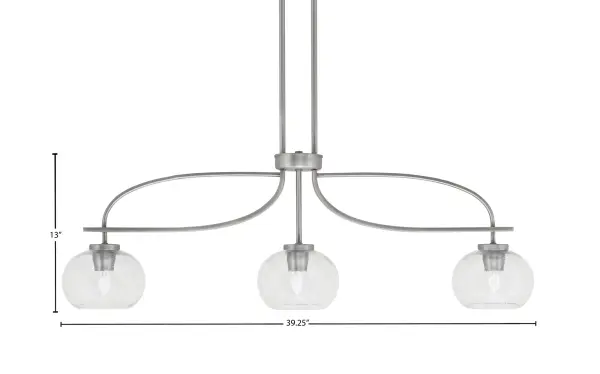 The Cavella 3-Light Island Pendant combines contemporary design with industrial charm. Its graphite finish and unique 7-inch clear bubble glass shades create visual interest while providing ample task lighting for kitchen islands and dining areas. - alternate view