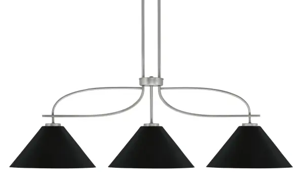 The Cavella 3-Light Island Pendant combines industrial-inspired cone shades with a sleek graphite finish, delivering focused task lighting with contemporary style. Its 45.75-inch span and adjustable height make it versatile for various spaces.