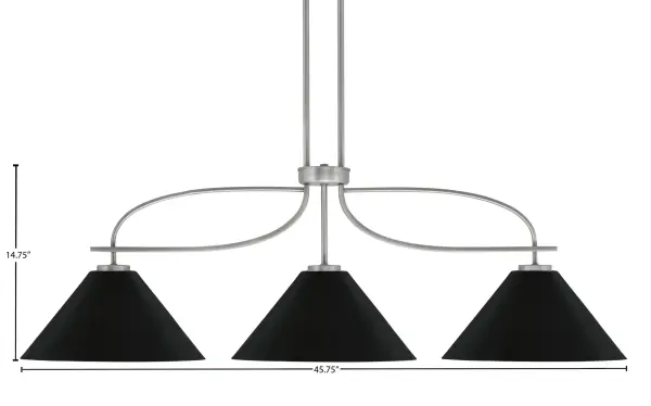 The Cavella 3-Light Island Pendant combines industrial-inspired cone shades with a sleek graphite finish, delivering focused task lighting with contemporary style. Its 45.75-inch span and adjustable height make it versatile for various spaces. - alternate view