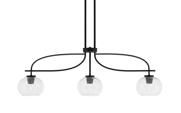 The Cavella 3-Light Island Pendant combines contemporary matte black metalwork with charming clear bubble glass shades, creating a versatile fixture that works beautifully over kitchen islands and dining tables. Adjustable hanging height and dimmable capability offer flexibility.