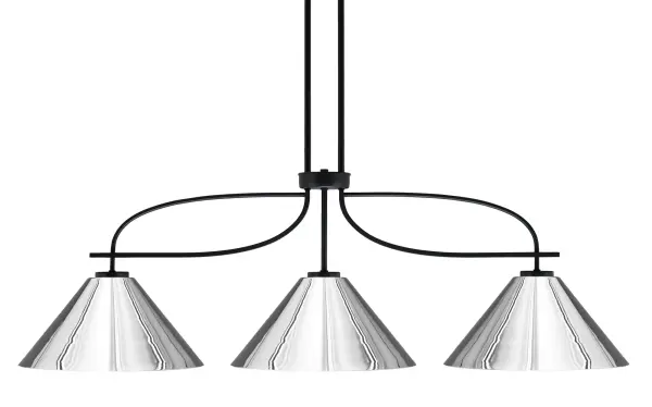 The Cavella 3-Light Island Pendant combines striking matte black finish with eye-catching chrome cone shades, creating a dramatic focal point perfect for kitchen islands and dining areas. Adjustable hanging height and dimmable capability offer versatility.
