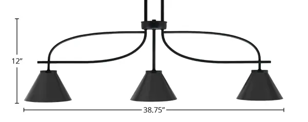 The Cavella 3-Light Island Light delivers sleek industrial charm with its matte black finish and cone metal shades. Perfect for contemporary kitchens and dining spaces, this fixture combines bold design with practical illumination. - alternate view