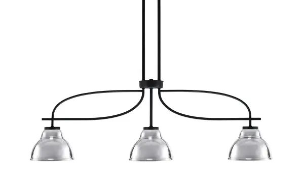 The Cavella 3-Light Island Pendant combines industrial style with modern sophistication. Its matte black finish and chrome double bubble shades create striking visual contrast, while adjustable stem sections allow customization for any ceiling height.