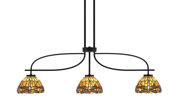 Cavella 3-Light Island Light in Matte Black with Amber Dragonfly Glass - Image 1