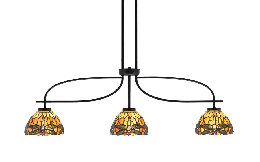 Cavella 3-Light Island Light in Matte Black with Amber Dragonfly Glass - Image 1
