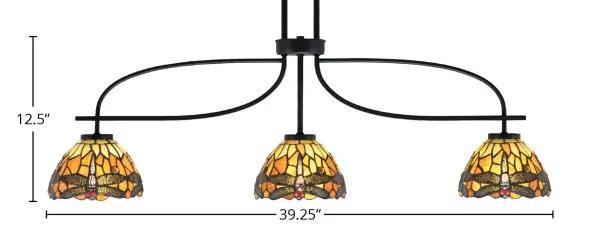 Cavella 3-Light Island Light in Matte Black with Amber Dragonfly Glass - Image 2