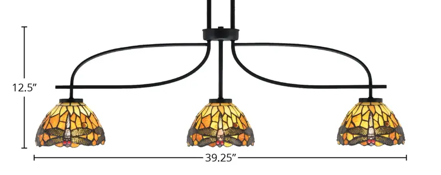 Cavella 3-Light Island Light in Matte Black with Amber Dragonfly Glass - Image 2
