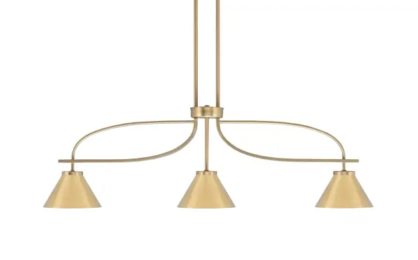 The Cavella 3-Light Island Pendant combines sleek cone shades with a warm New Age Brass finish, creating a perfect focal point for kitchen islands and dining areas. Adjustable hanging height and dimmable capability offer versatility.