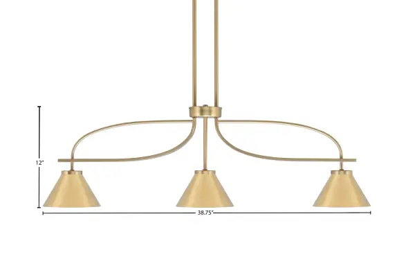 The Cavella 3-Light Island Pendant combines sleek cone shades with a warm New Age Brass finish, creating a perfect focal point for kitchen islands and dining areas. Adjustable hanging height and dimmable capability offer versatility. - alternate view
