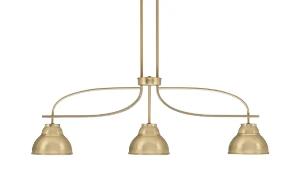 The Cavella 3-Light Island Pendant combines contemporary design with industrial charm. Its distinctive double bubble metal shades in New Age Brass create visual interest while providing focused task lighting perfect for kitchen islands and dining tables.