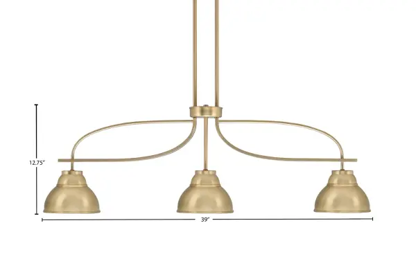 The Cavella 3-Light Island Pendant combines contemporary design with industrial charm. Its distinctive double bubble metal shades in New Age Brass create visual interest while providing focused task lighting perfect for kitchen islands and dining tables. - alternate view