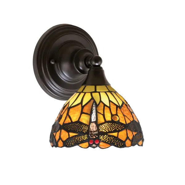 This charming wall sconce features handcrafted amber dragonfly art glass paired with a rich espresso finish. The 7-inch shade creates warm, inviting illumination perfect for intimate spaces. Versatile mounting options allow for upward or downward light direction.