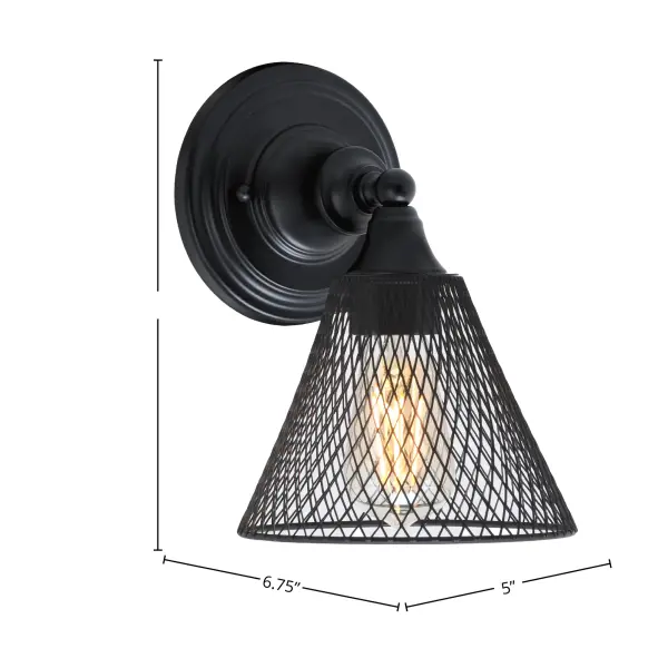 This versatile wall sconce combines industrial mesh detailing with a sleek matte black finish. The 7-inch cone shade provides focused lighting while the included LED bulb offers energy efficiency and warm ambiance. Perfect for tight spaces. - alternate view