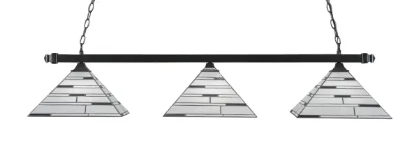 This contemporary 3-light bar pendant combines industrial style with elegant art glass shades. The 53.5-inch linear design provides excellent task lighting over islands and tables, while the Pearl Ebony glass creates warm ambiance.