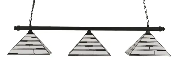 This contemporary 3-light bar pendant combines clean geometric lines with sophisticated art glass shades. The matte black finish and pearl ebony glass create dramatic visual impact while providing ample task lighting over islands and tables.