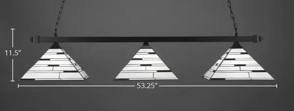 This contemporary 3-light bar pendant combines clean geometric lines with sophisticated art glass shades. The matte black finish and pearl ebony glass create dramatic visual impact while providing ample task lighting over islands and tables. - alternate view