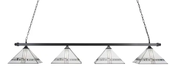 This 4-light linear bar pendant combines Art Deco styling with modern functionality. The matte black finish and decorative glass shades create sophisticated task lighting ideal for kitchen islands, dining tables, and game rooms.