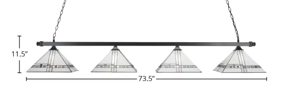 This 4-light linear bar pendant combines Art Deco styling with modern functionality. The matte black finish and decorative glass shades create sophisticated task lighting ideal for kitchen islands, dining tables, and game rooms. - alternate view
