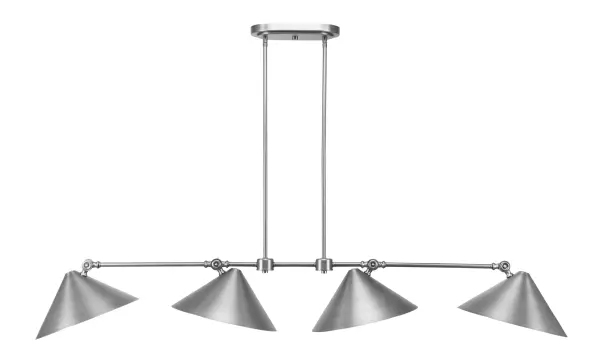The Tangent 4 Light Bar delivers contemporary style with its brushed nickel finish and four adjustable metal shades. At over 5 feet long, it's perfectly sized for kitchen islands and dining tables, offering bright, even illumination with included LED bulbs.