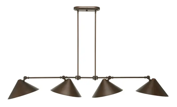 The Tangent 4-Light Bar combines industrial style with practical illumination. Its 61.5-inch linear design and bronze metal shades create dramatic visual impact over islands and dining tables. Includes LED bulbs and adjustable hanging height.
