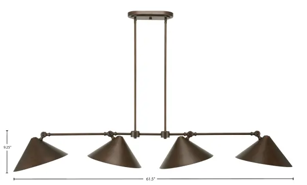 The Tangent 4-Light Bar combines industrial style with practical illumination. Its 61.5-inch linear design and bronze metal shades create dramatic visual impact over islands and dining tables. Includes LED bulbs and adjustable hanging height. - alternate view