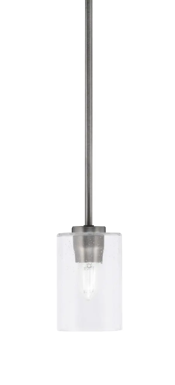 The Atlas Mini Pendant delivers industrial style in a compact 4-inch format. Its graphite finish and clear bubble glass shade create visual interest while the adjustable stem allows customization from 9 to 57 inches.