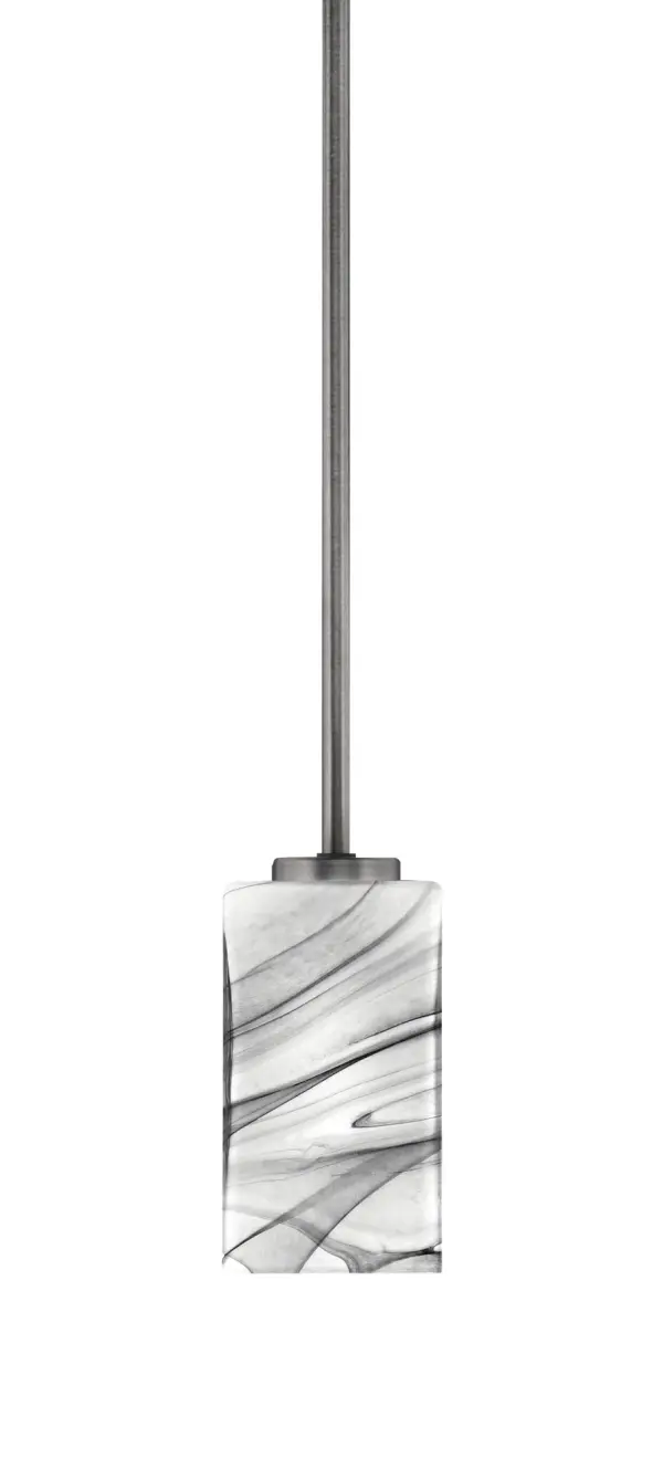 The Atlas Mini Pendant delivers modern sophistication in a compact 3.5" square design. Its graphite finish and unique onyx swirl glass create visual interest while providing focused task lighting perfect for kitchen islands and intimate dining spaces. - alternate view