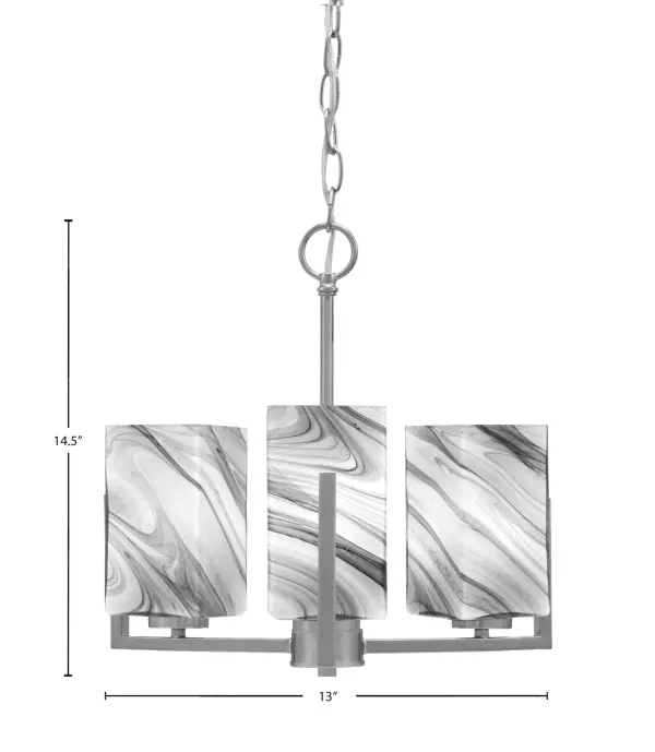 The Atlas 3-Light Chandelier combines contemporary styling with warm illumination through its distinctive square onyx swirl glass shades. At 13 inches wide, it's perfectly sized for intimate dining spaces, kitchen islands, or entryways. - alternate view