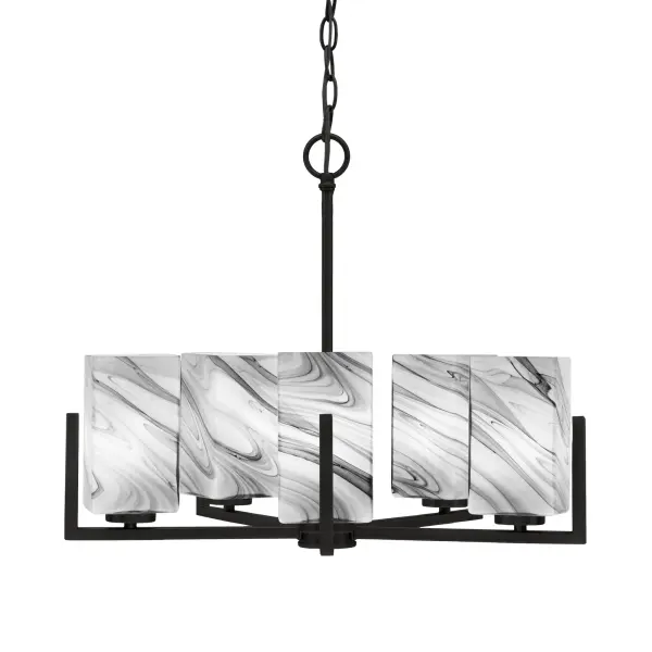 The Atlas chandelier combines sleek matte black finish with distinctive square onyx swirl glass shades for sophisticated style. At 20 inches wide, it's perfectly sized for dining tables and kitchen islands while offering exceptional adjustability.
