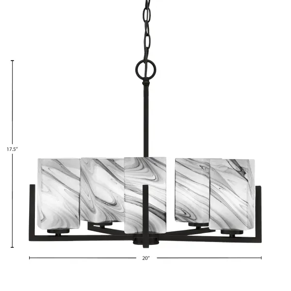 The Atlas chandelier combines sleek matte black finish with distinctive square onyx swirl glass shades for sophisticated style. At 20 inches wide, it's perfectly sized for dining tables and kitchen islands while offering exceptional adjustability. - alternate view