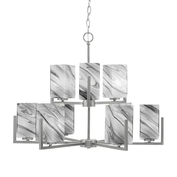 The Atlas 9-Light Chandelier makes a bold statement with its graphite finish and distinctive square onyx swirl glass shades. At 28 inches wide, this substantial fixture provides excellent illumination while serving as a stunning focal point in dining rooms and living spaces.