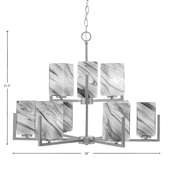 The Atlas 9-Light Chandelier makes a bold statement with its graphite finish and distinctive square onyx swirl glass shades. At 28 inches wide, this substantial fixture provides excellent illumination while serving as a stunning focal point in dining rooms and living spaces. - alternate view