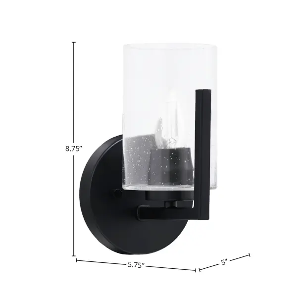 The Atlas Wall Sconce combines modern matte black finish with charming clear bubble glass for a sophisticated look. Its compact 5-inch profile and versatile up/down mounting make it ideal for bathrooms, hallways, and accent lighting. - alternate view