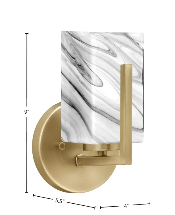 The Atlas Wall Sconce combines modern elegance with practical lighting through its New Age Brass finish and distinctive 3.5" square onyx swirl glass shade. Compact yet impactful, this versatile fixture mounts up or down for flexible installation. - alternate view