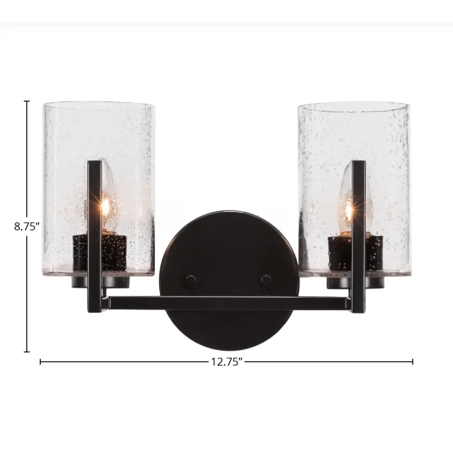 Atlas 2-Light Bath Bar in Matte Black with Clear Bubble Glass - Image 2
