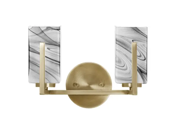 The Atlas 2 Light Bath Bar combines contemporary elegance with functional lighting. Its New Age Brass finish and distinctive square onyx swirl glass shades create a sophisticated focal point for modern bathrooms.