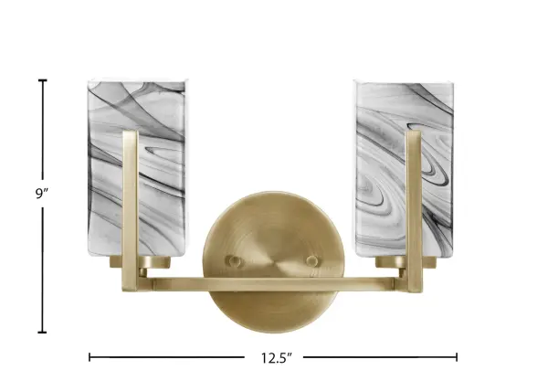 The Atlas 2 Light Bath Bar combines contemporary elegance with functional lighting. Its New Age Brass finish and distinctive square onyx swirl glass shades create a sophisticated focal point for modern bathrooms. - alternate view
