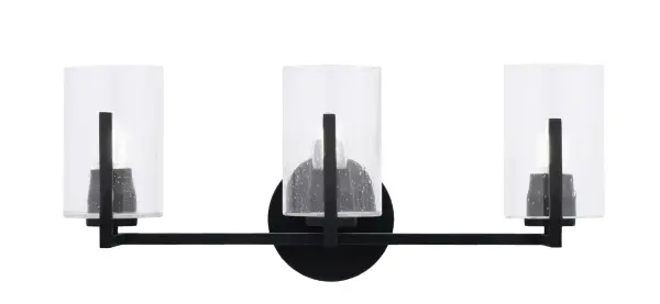 The Atlas 3 Light Bath Bar combines sleek matte black finish with eye-catching clear bubble glass shades. Its 21-inch width provides excellent illumination for medium vanities, while the up or down mounting flexibility adapts to your design vision.