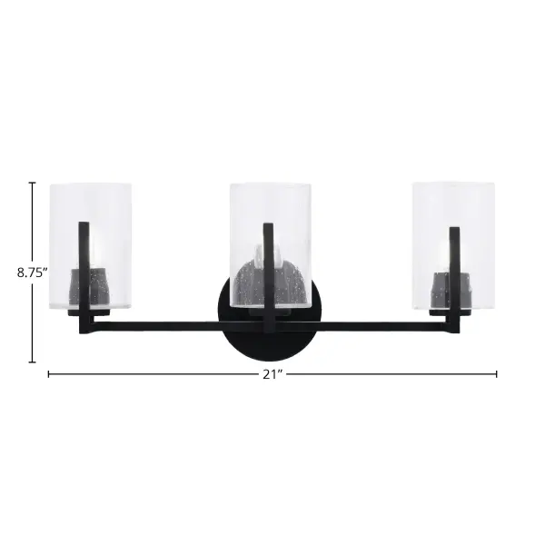 The Atlas 3 Light Bath Bar combines sleek matte black finish with eye-catching clear bubble glass shades. Its 21-inch width provides excellent illumination for medium vanities, while the up or down mounting flexibility adapts to your design vision. - alternate view