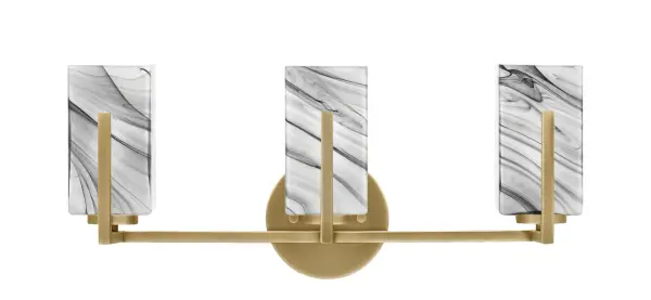 The Atlas 3 Light Bath Bar combines contemporary style with timeless elegance. Its New Age Brass finish radiates warmth while the square onyx swirl glass shades provide soft, flattering illumination perfect for bathroom vanities.