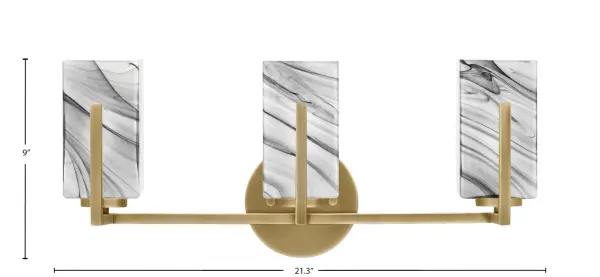 The Atlas 3 Light Bath Bar combines contemporary style with timeless elegance. Its New Age Brass finish radiates warmth while the square onyx swirl glass shades provide soft, flattering illumination perfect for bathroom vanities. - alternate view