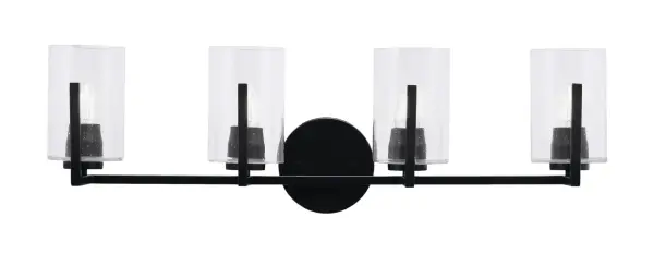 The Atlas 4 Light Bath Bar combines contemporary style with industrial charm, featuring a sleek matte black finish and unique clear bubble glass shades. Perfect for modern bathrooms, this versatile fixture provides ample illumination.