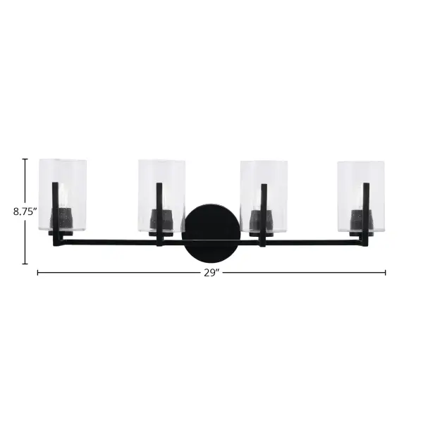 The Atlas 4 Light Bath Bar combines contemporary style with industrial charm, featuring a sleek matte black finish and unique clear bubble glass shades. Perfect for modern bathrooms, this versatile fixture provides ample illumination. - alternate view