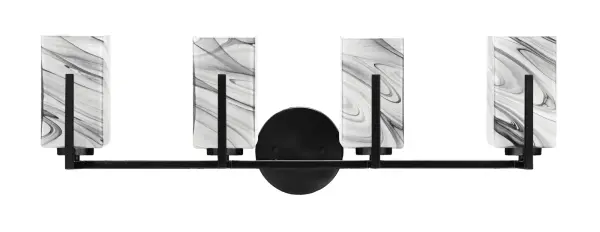 The Atlas 4 Light Bath Bar combines contemporary design with practical functionality. Its matte black finish and unique onyx swirl glass shades create a sophisticated look, while the up or down mounting flexibility allows customization for any bathroom layout.