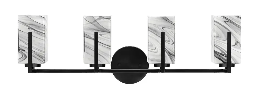 Atlas 4 Light Bath Bar in Matte Black with Onyx Swirl Glass - Image 1