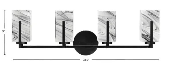 The Atlas 4 Light Bath Bar combines contemporary design with practical functionality. Its matte black finish and unique onyx swirl glass shades create a sophisticated look, while the up or down mounting flexibility allows customization for any bathroom layout. - alternate view