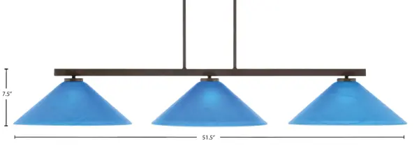 The Atlas 3-Light Island Pendant combines contemporary design with artisan craftsmanship. Its 51.5-inch linear profile features three stunning 16-inch blue Italian glass shades suspended from a dark granite finish bar, creating dramatic visual impact over kitchen islands, dining tables, or game rooms. - alternate view