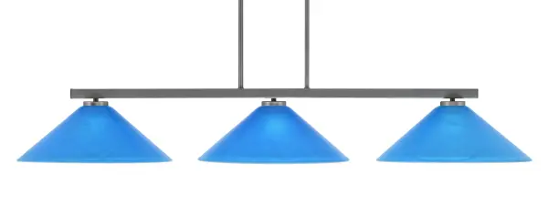The Atlas 3-Light Bar combines industrial-inspired graphite metalwork with vibrant blue Italian glass shades, creating a stunning focal point over kitchen islands or dining tables. Its 51.5-inch length and adjustable hanging height make it versatile for various ceiling heights.
