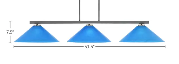 The Atlas 3-Light Bar combines industrial-inspired graphite metalwork with vibrant blue Italian glass shades, creating a stunning focal point over kitchen islands or dining tables. Its 51.5-inch length and adjustable hanging height make it versatile for various ceiling heights. - alternate view