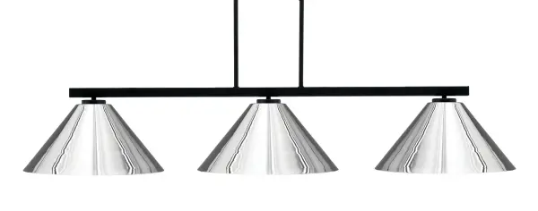 The Atlas 3-Light Island Pendant combines striking matte black finish with eye-catching chrome cone shades for a contemporary industrial look. Perfect for kitchen islands and dining areas, this fixture offers excellent adjustability and ample illumination.
